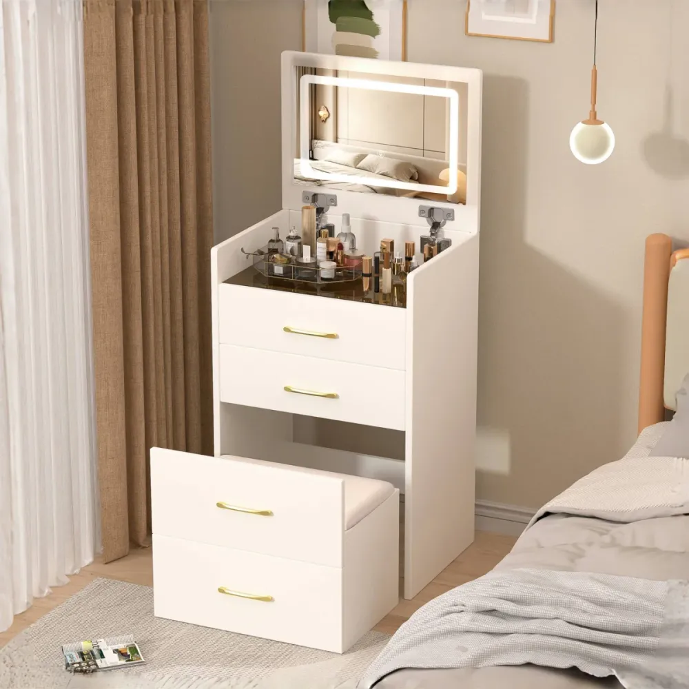 3--1 Schminktisch mit offenem Spiegel Glasplatte Weiß Kompakt 60x118x40cm Kleines Schminktisch Set mit 3 Schubladen Modern...