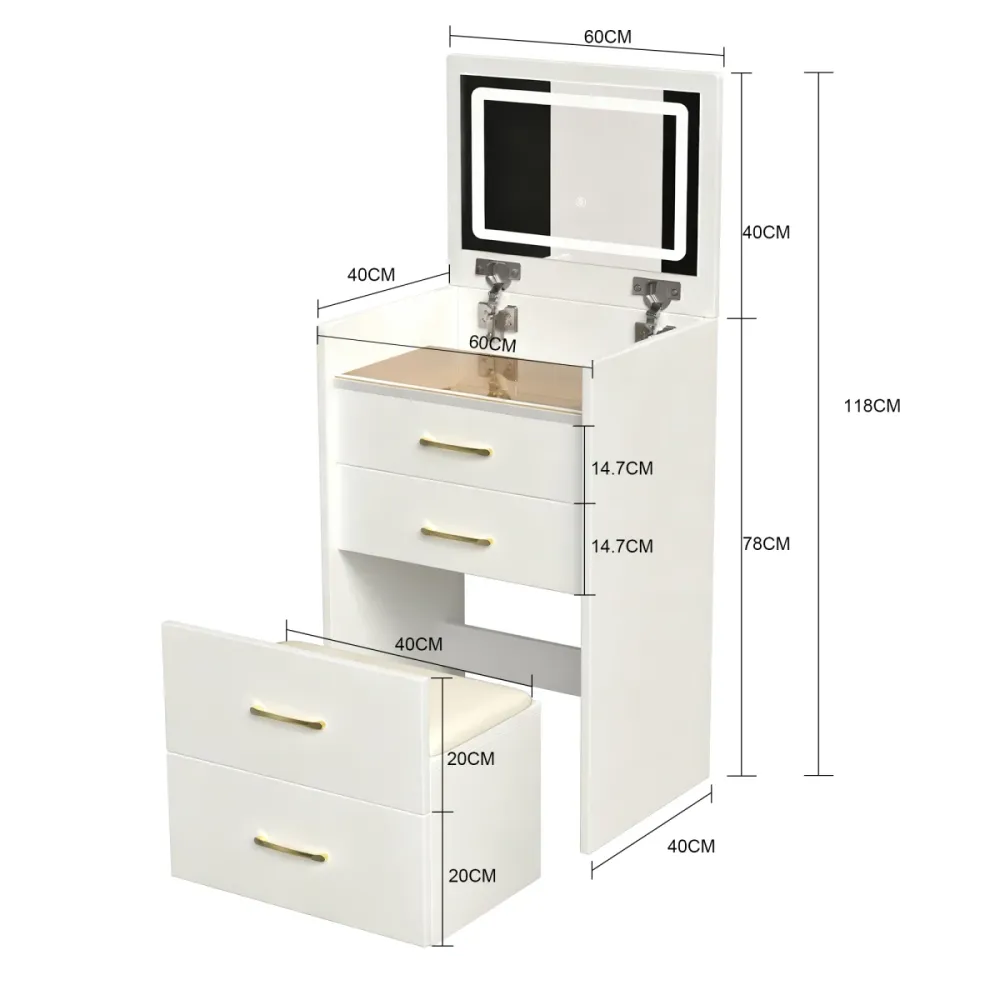 3--1 Schminktisch mit offenem Spiegel Glasplatte Weiß Kompakt 60x118x40cm Kleines Schminktisch Set mit 3 Schubladen Modern...