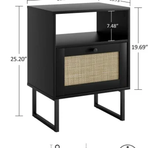 Boho Rattan Nachttisch mit Schublade und Eiche Regal
