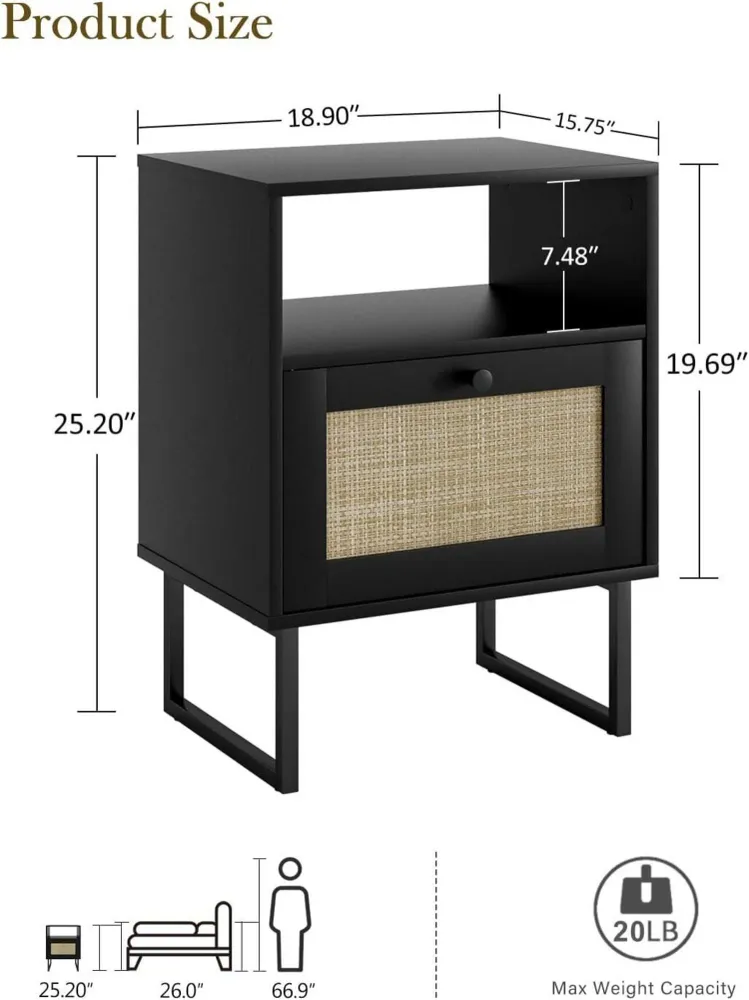 Boho Rattan Nachttisch mit Schublade und Eiche Regal