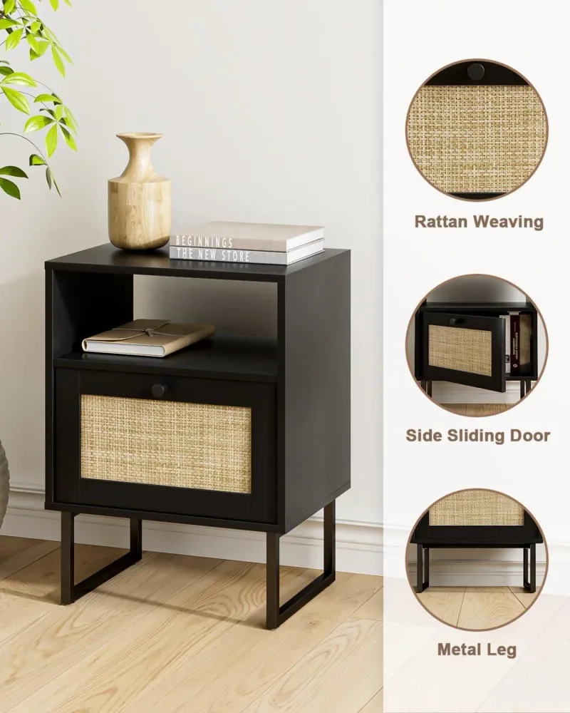 Boho Rattan Nachttisch mit Schublade und Eiche Regal