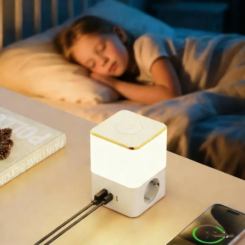 Mehrfachsteckdose mit 3-Farben LED-Nachtlicht – Dimmbare Schreibtisch-Steckdosenleiste mit USB & Schalter – Kompakte Lades...