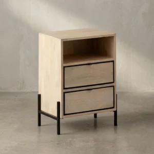Nachttisch – Mango Massivholz/Metall, 43x60x30 cm, 2 Schubladen, braun