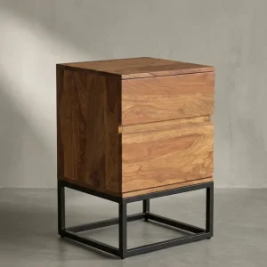 Nachttisch – Massivholz/Metall, 40x38x60 cm, 2 Schubladen, Industrial-Stil