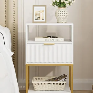 Nachttisch mit Goldrahmen Weiß 3-Tier Lagerung 39x29x64.8 cm