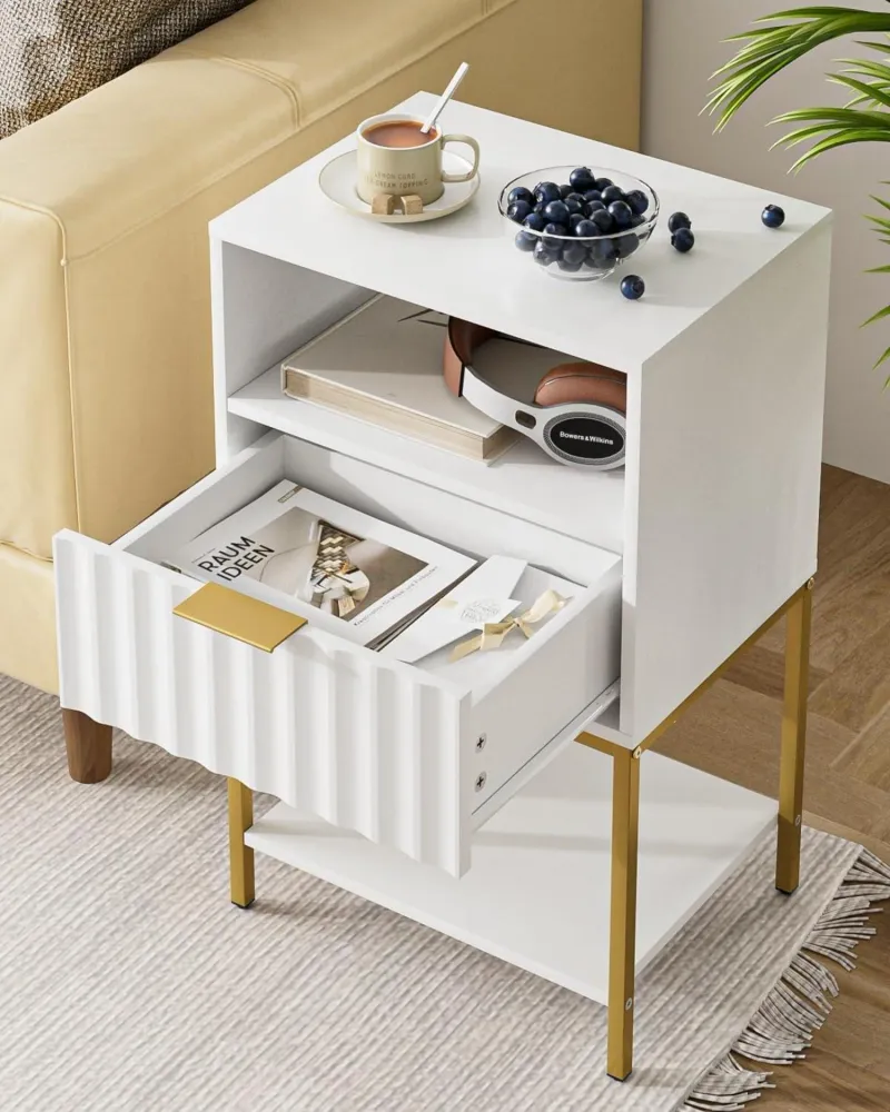 Nachttisch mit Goldrahmen Weiß 3-Tier Lagerung 39x29x64.8 cm