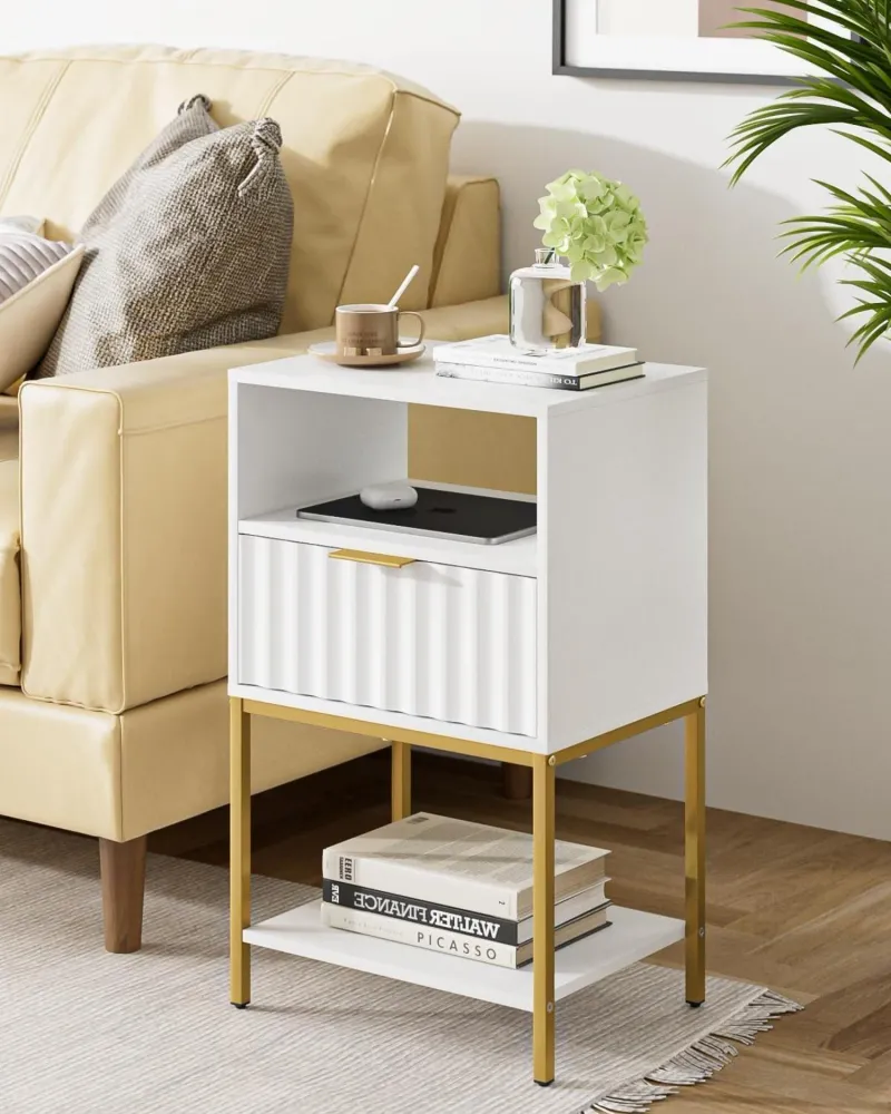 Nachttisch mit Goldrahmen Weiß 3-Tier Lagerung 39x29x64.8 cm