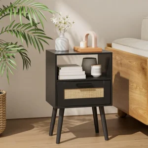 Rattan Nachttisch Schwarz handgefertigte Schubladen Holz