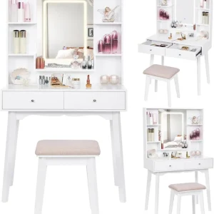Schminktisch mit LED-Beleuchtung, Hocker, 3 Farben