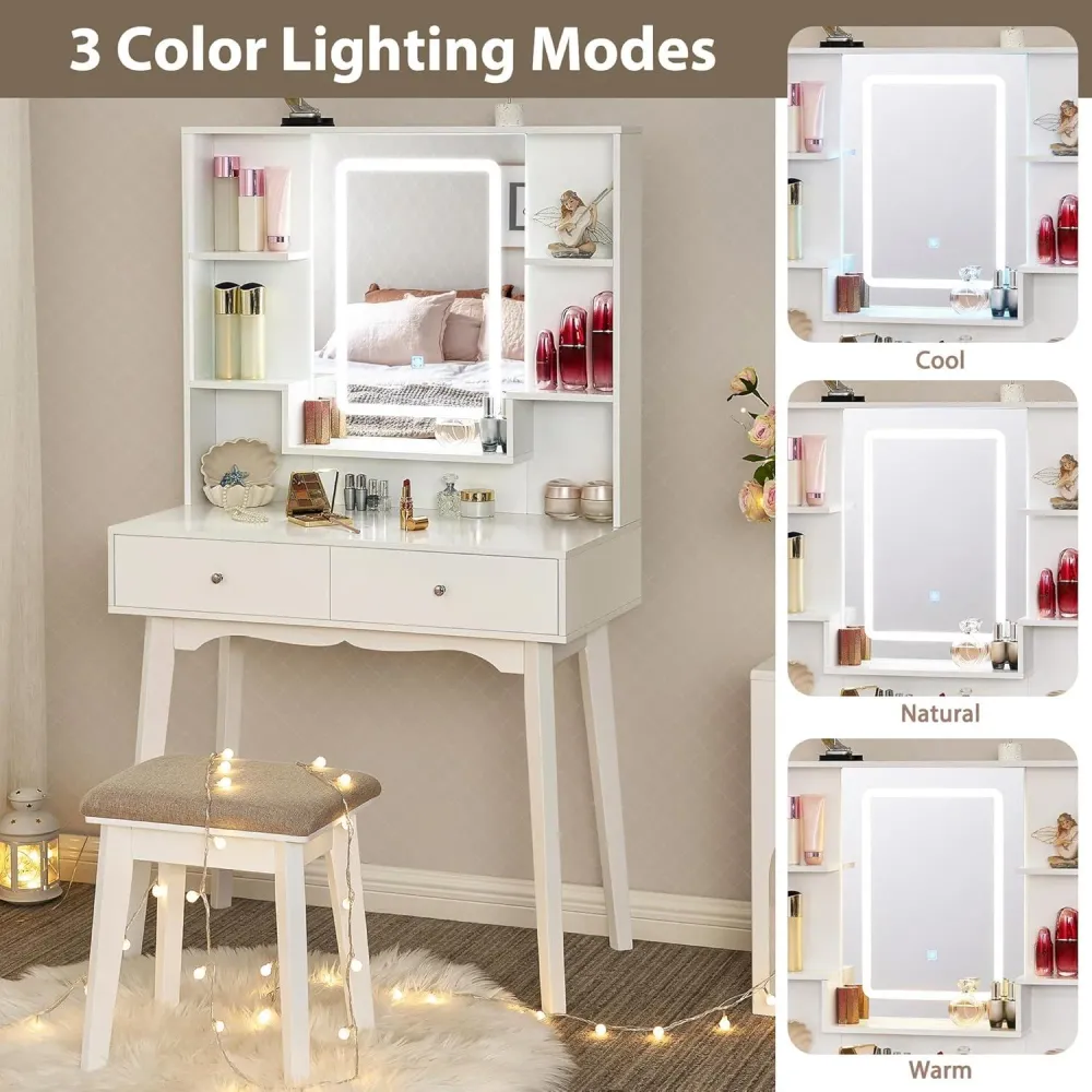 Schminktisch mit LED-Beleuchtung, Hocker, 3 Farben