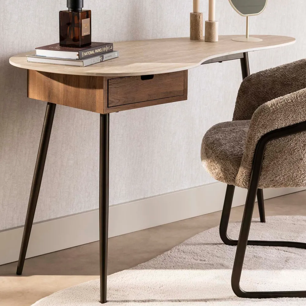 Schminktisch TRAVINO TRAVERTIN Organische Konsole mit Keramikplatte & Eichenoptik 127 cm