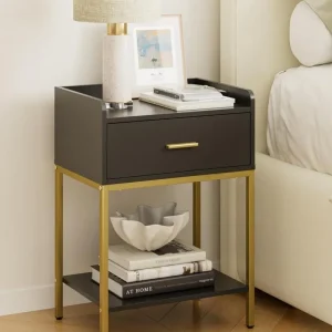 Schwarzer Nachttisch mit Schublade und Regal, 3 Ebenen