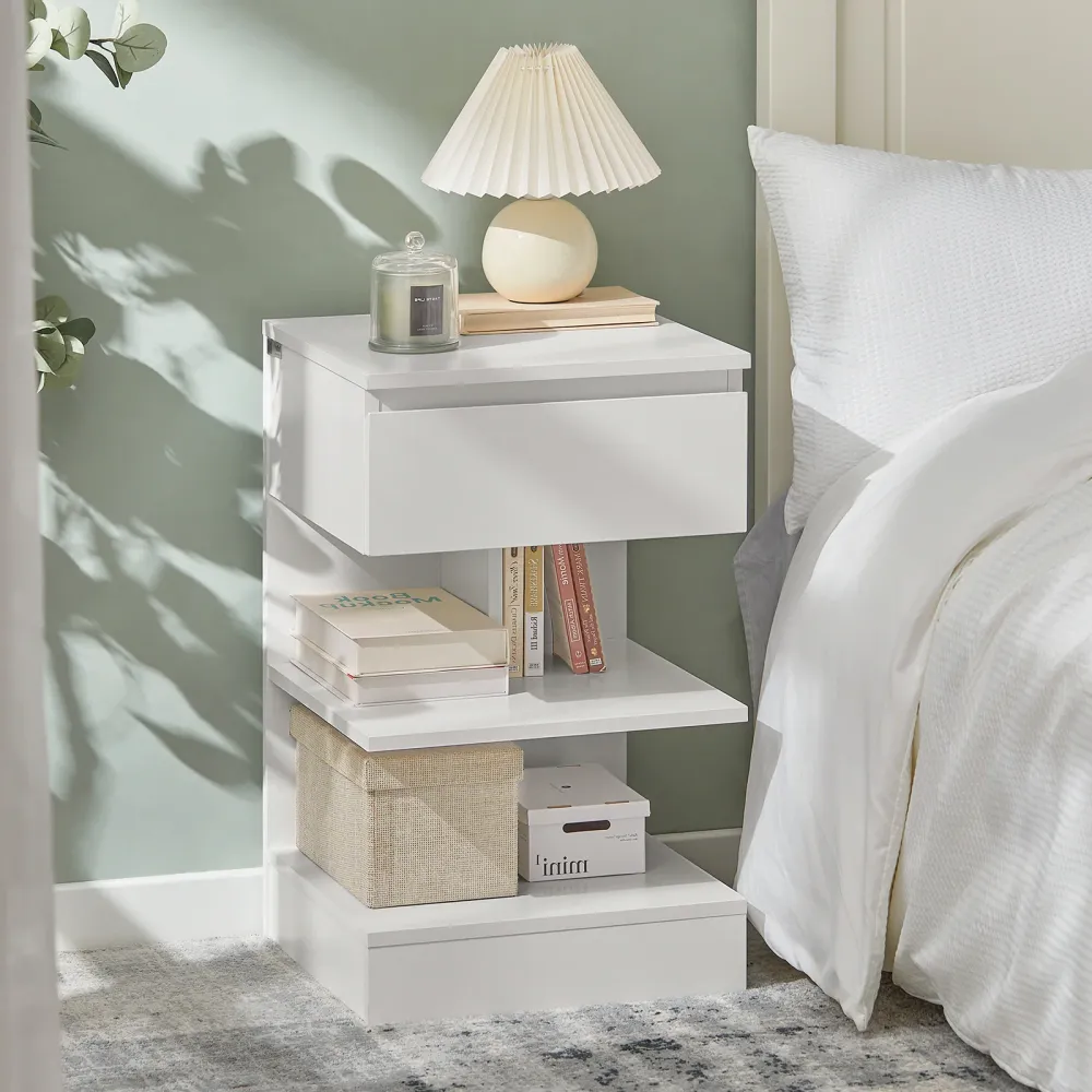 SoBuy FBT49-W Schlafzimmer-Nachttisch – Nachttisch mit 1 Schublade und 2 Ablagen, Wohnzimmer-Couchtisch – moderne Kommode...