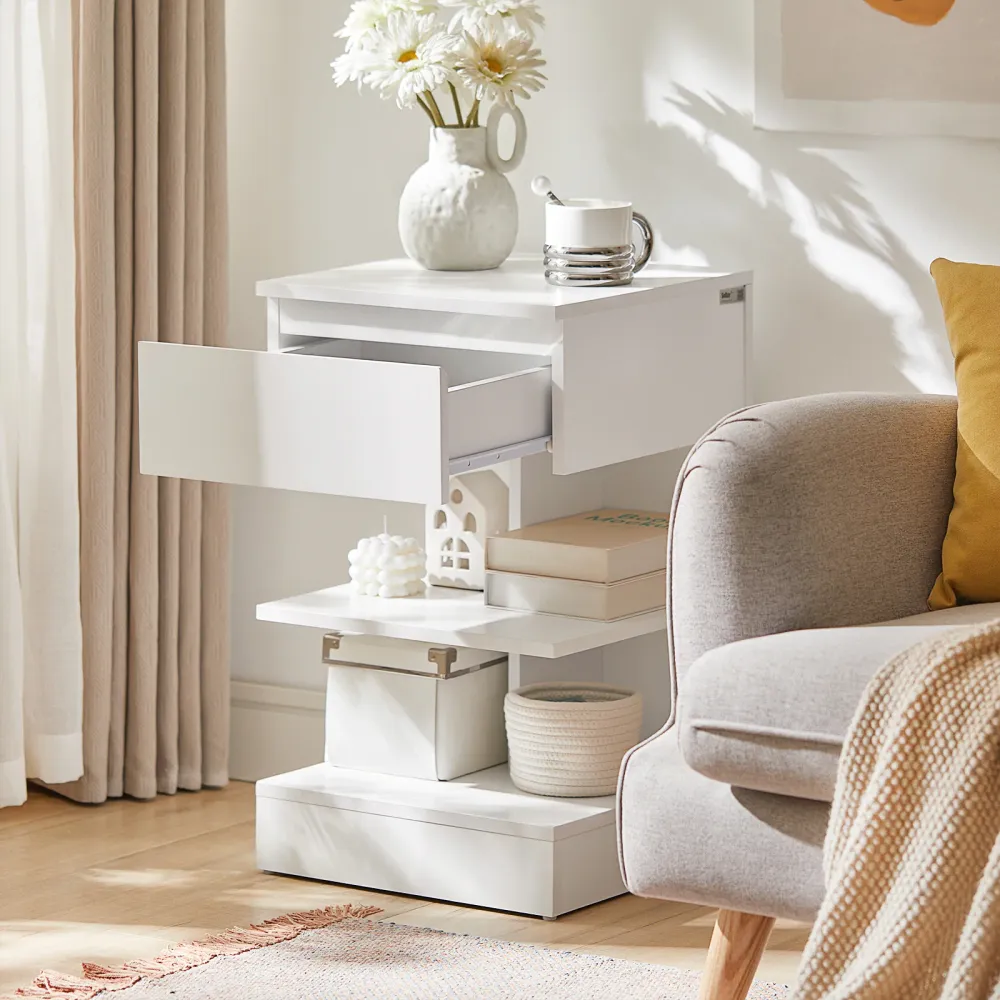 SoBuy FBT49-W Schlafzimmer-Nachttisch – Nachttisch mit 1 Schublade und 2 Ablagen, Wohnzimmer-Couchtisch – moderne Kommode...