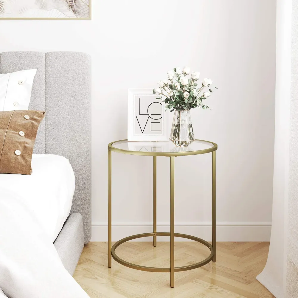 VASAGLE Beistelltisch rund, 2er-Set, kleiner Couchtisch, Glastisch mit Metallgestell, Nachttisch, Sofatisch, Balkon, gehär...