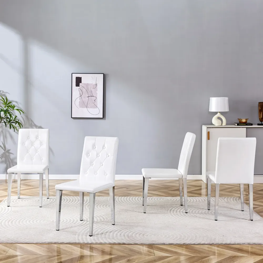Esszimmerstuhl 4er Set Reinweiß Leichter Luxus Europäisches Design Hochglanz Silberfarbene Metallbeine Bequeme Polsterstüh...
