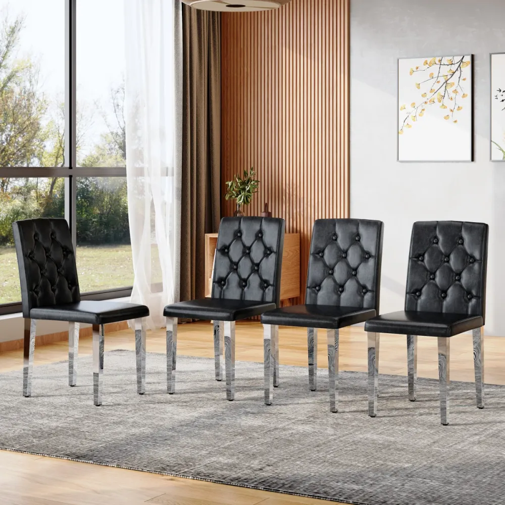 Esszimmerstuhl 4er Set Schwarz Leichter Luxus Europäisches Design Hochglanz Silberfarbene Metallbeine Bequeme Polsterstühl...