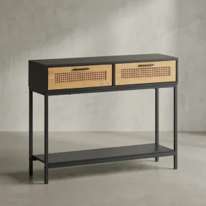 Konsolentisch – Schwarz, 100x30x75 cm, mit Wiener Geflecht, Schubladen und Ablage