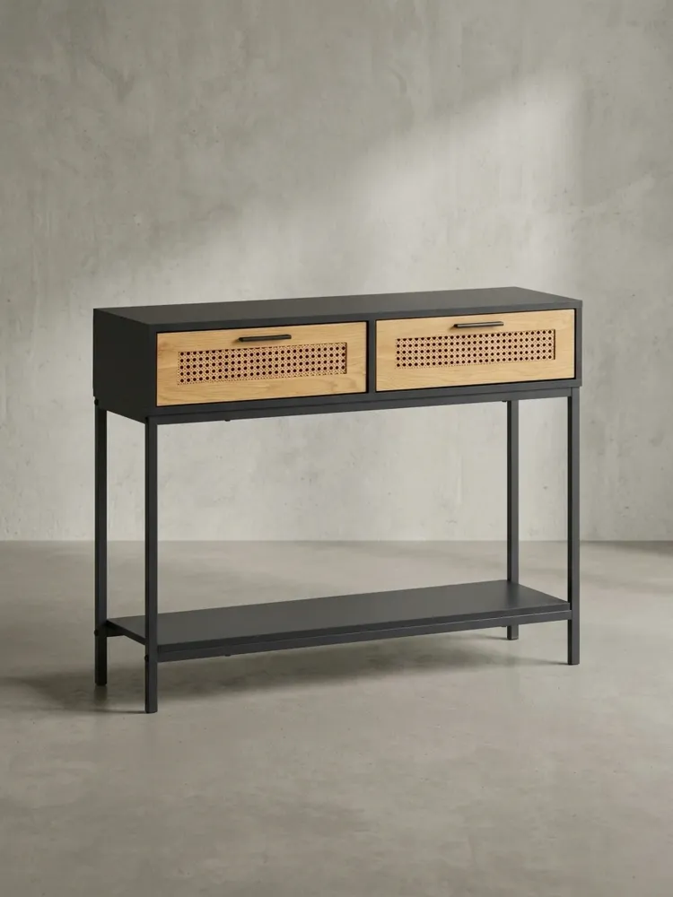 Konsolentisch – Schwarz, 100x30x75 cm, mit Wiener Geflecht, Schubladen und Ablage