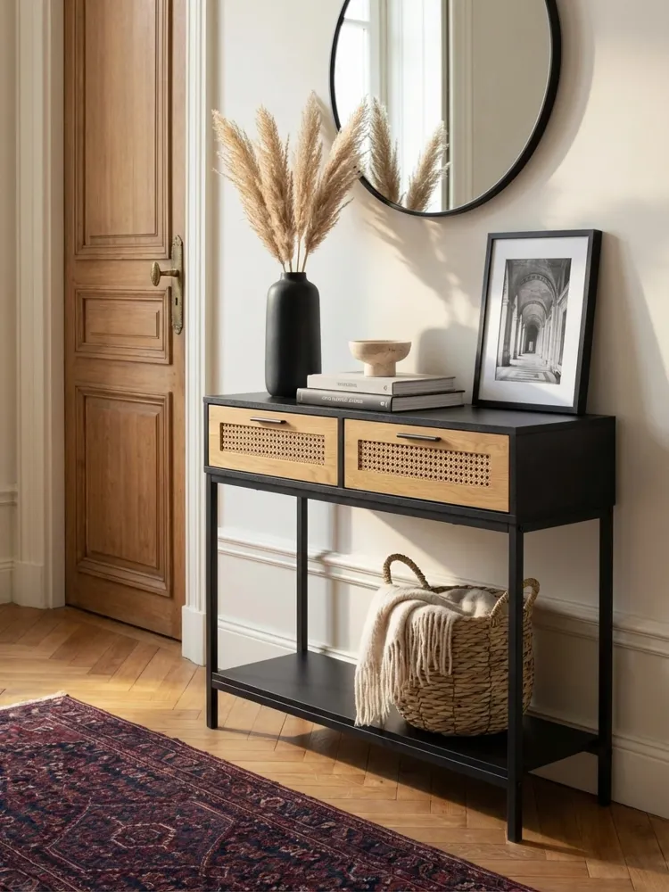 Konsolentisch – Schwarz, 100x30x75 cm, mit Wiener Geflecht, Schubladen und Ablage