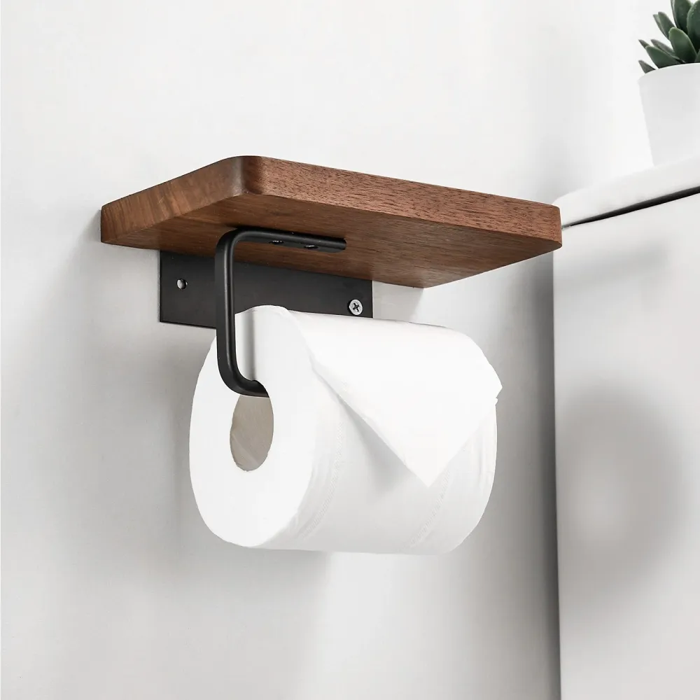 Toilettenpapierhalter aus Holz mit Ablage – Zur Wandmontage