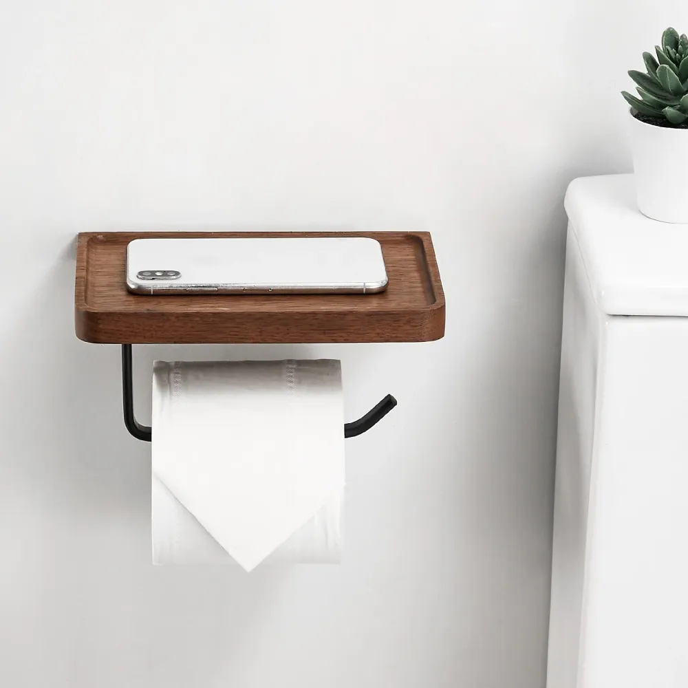 Toilettenpapierhalter aus Holz mit Ablage – Zur Wandmontage