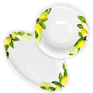 2er Set Kombiservice, Runde Salatschüssel 26 cm und Ovale Servierplatte 34 x 19 cm mit Zitronenrelief, Handgemachtes Keram...