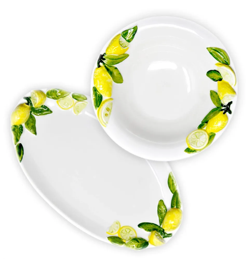 2er Set Kombiservice, Runde Salatschüssel 26 cm und Ovale Servierplatte 34 x 19 cm mit Zitronenrelief, Handgemachtes Keram...