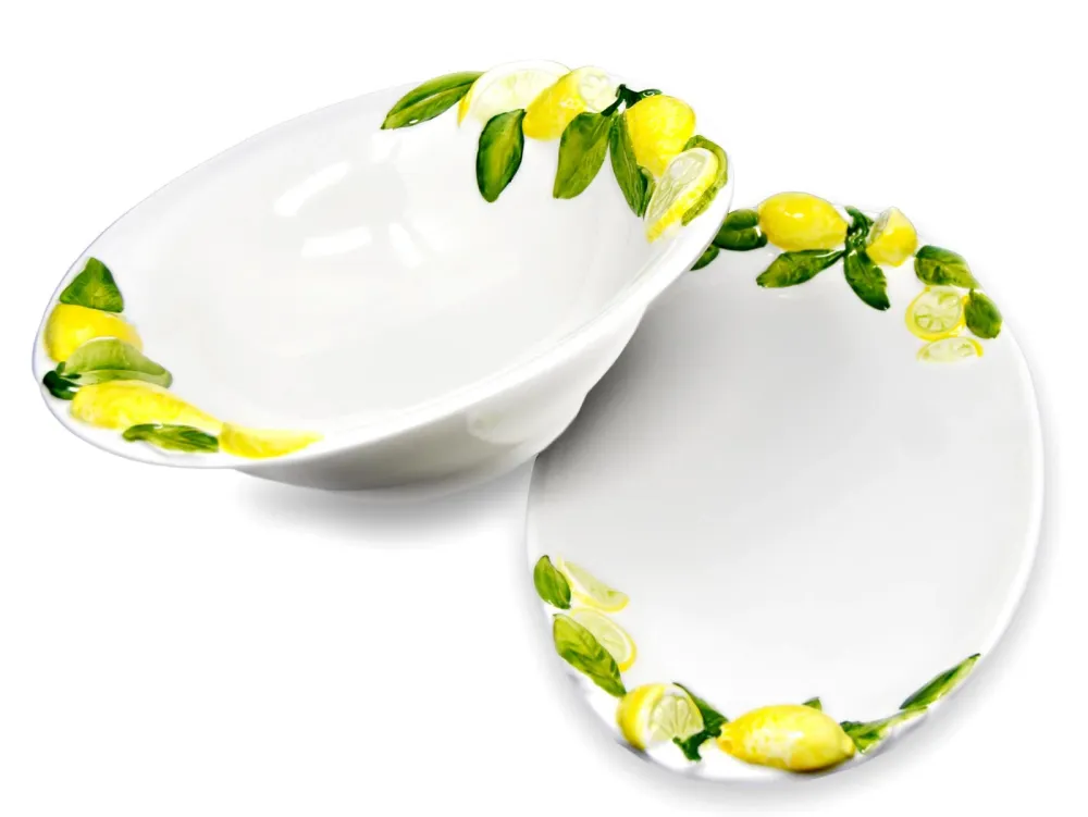 2er Set Kombiservice, Runde Salatschüssel 26 cm und Ovale Servierplatte 34 x 19 cm mit Zitronenrelief, Handgemachtes Keram...