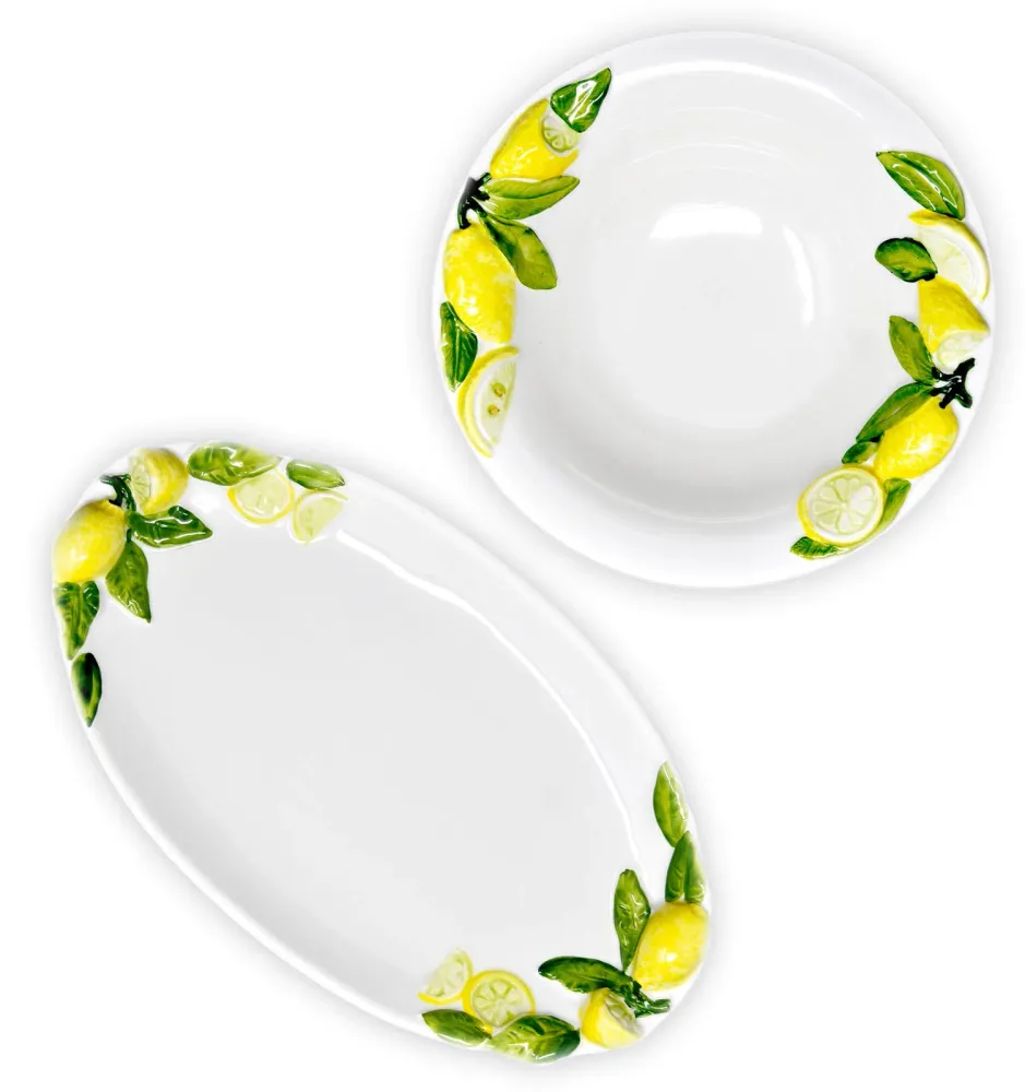 2er Set Kombiservice, Runde Salatschüssel 26 cm und Ovale Servierplatte 34 x 19 cm mit Zitronenrelief, Handgemachtes Keram...