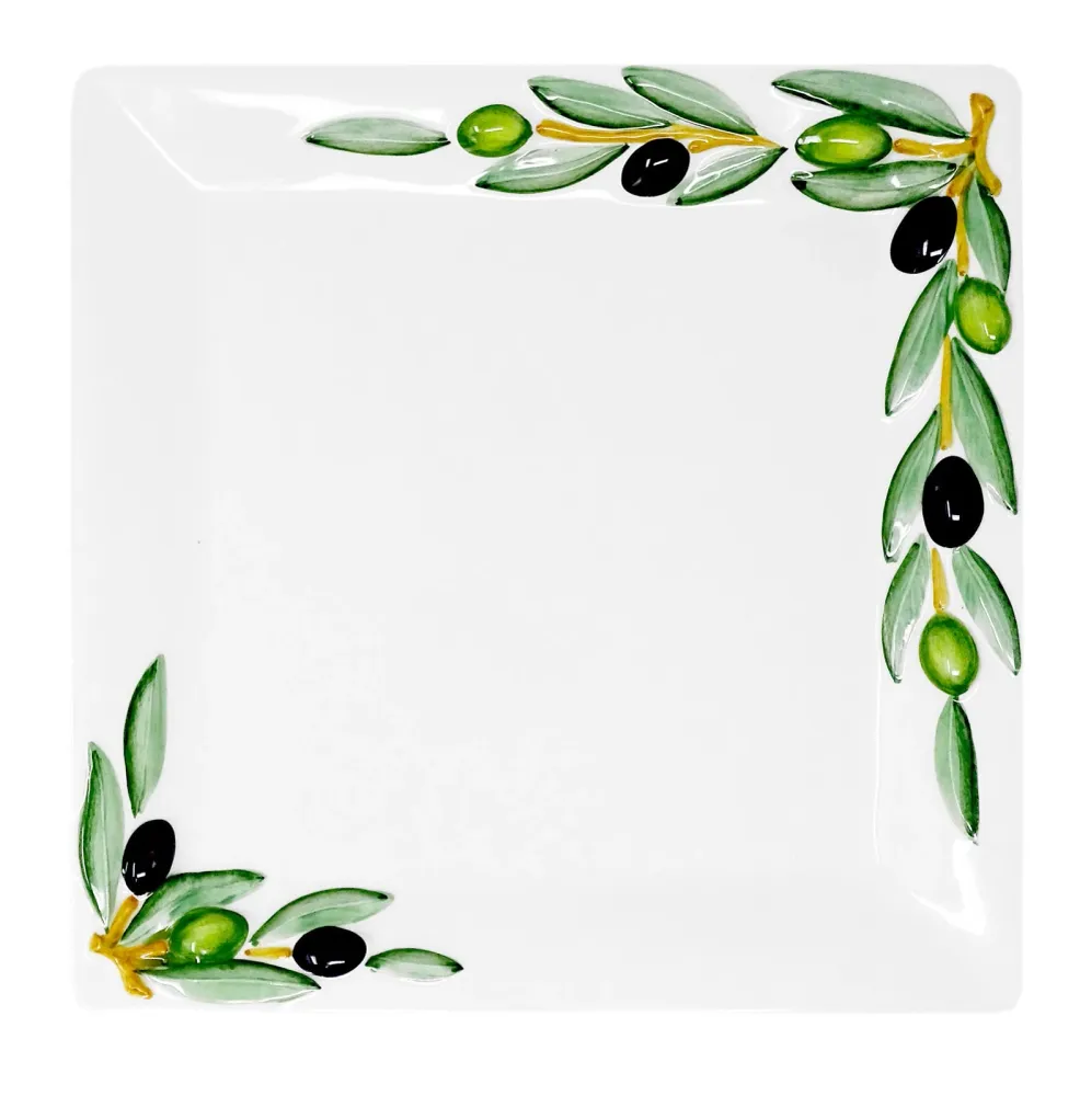 Handgemachte Servierplatte aus Italienischer Keramik, Fleisch Platte im Oliven Design, Servierteller eckig 27x27 cm