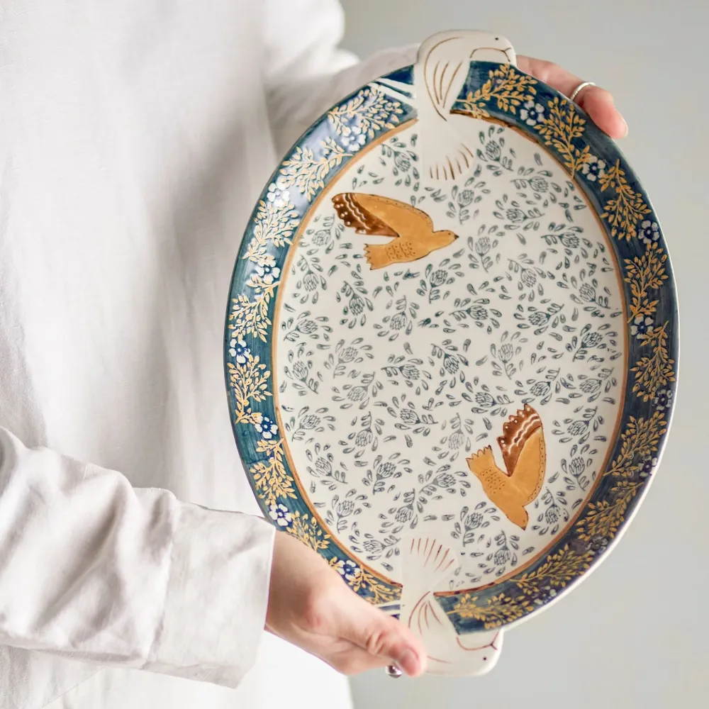 Servierplatte aus Steingut - Vogelmotiv - Bloomingville
