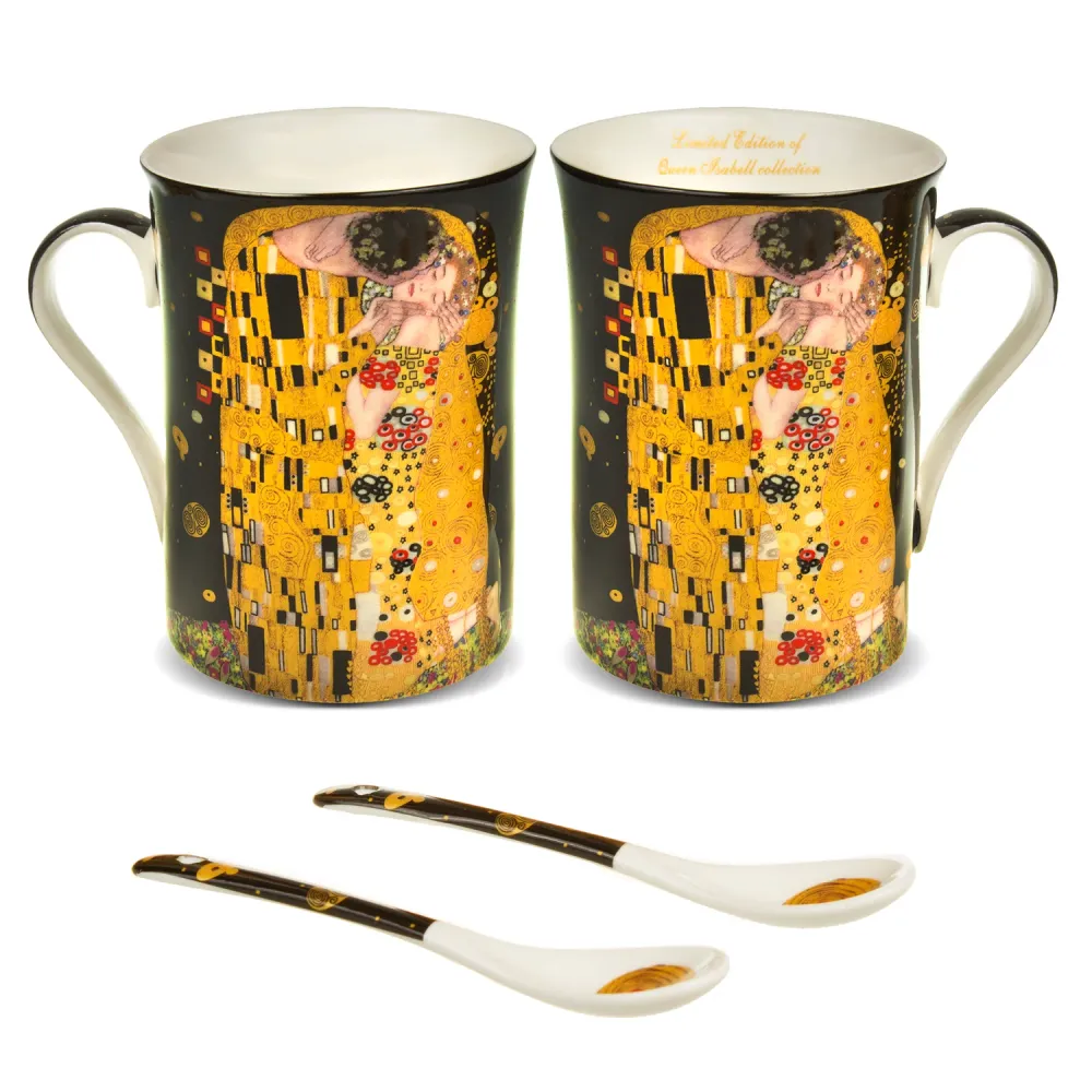 Kaffeebecher Becher mit Löffel "Kuss" Gustav Klimt Geschenkidee Porzellan