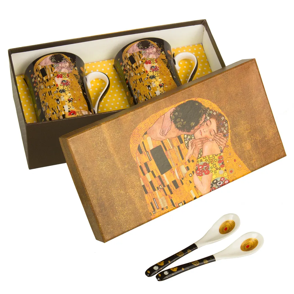 Kaffeebecher Becher mit Löffel "Kuss" Gustav Klimt Geschenkidee Porzellan