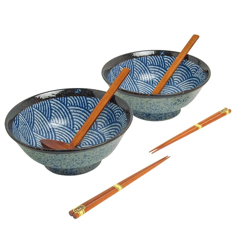 Ramen-Set Essstäbchen & Löffel Japanische Wellen