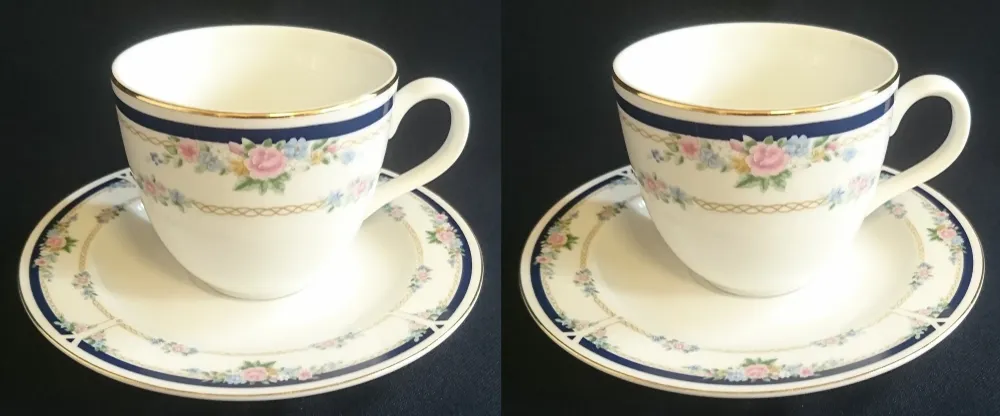 2er Set 2er KAFFEEGEDECKE "Patricia" - Porzellan, Goldrand Flora Rosenblumen Kettenglieder Motiv Dekor