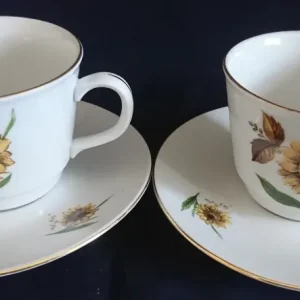 2er Set 2er KAFFEEGEDECKE - Porzellan, Goldrand Flora Sonnenblumen Blüten Natur Motiv Dekor