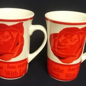 2er Set KAFFEETASSEN - Keramik / Steingut, Streifen Rand Flora Rosenblüten Alles Liebe Love mon Amour Aufschrift Motiv Dekor