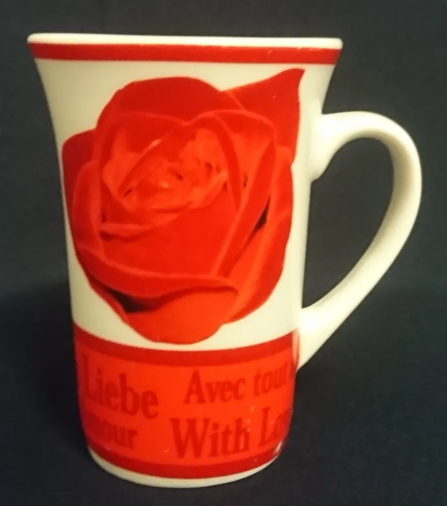 2er Set KAFFEETASSEN - Keramik / Steingut, Streifen Rand Flora Rosenblüten Alles Liebe Love mon Amour Aufschrift Motiv Dekor
