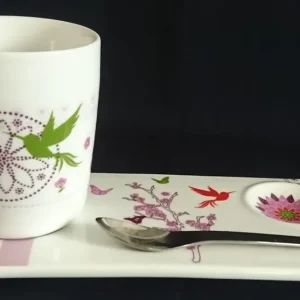 3er Set FRÜHSTÜCKSTABLETT MIT GETRÄNKEBECHER & TEELÖFFEL "Totally Tea" - Porzellan & Edelstahl 18/0, Flora Fauna Geometris...