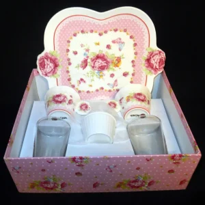 6er Set MOCCA KAFFEEGETRÄNKE SERVIER GESCHENKESET - Keramik / Steingut & Hartglas, Flora Rosen Blumenblüten Tiere Schmette...