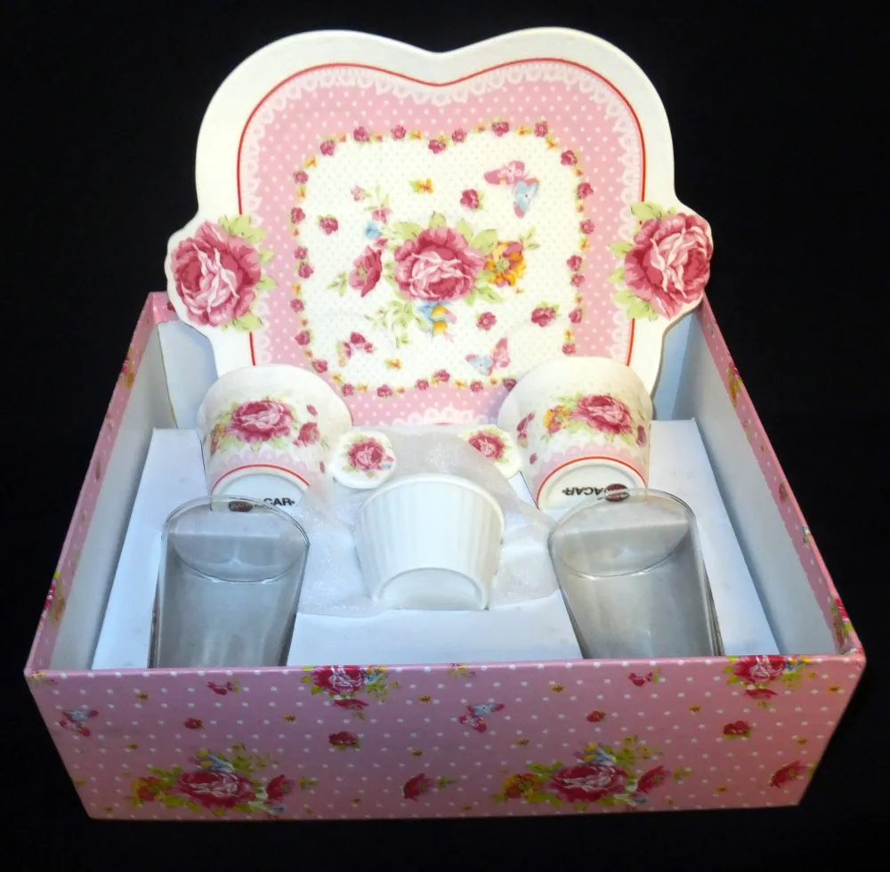 6er Set MOCCA KAFFEEGETRÄNKE SERVIER GESCHENKESET - Keramik / Steingut & Hartglas, Flora Rosen Blumenblüten Tiere Schmette...