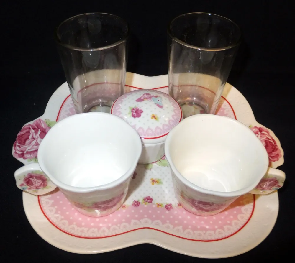 6er Set MOCCA KAFFEEGETRÄNKE SERVIER GESCHENKESET - Keramik / Steingut & Hartglas, Flora Rosen Blumenblüten Tiere Schmette...