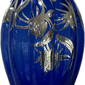 Blaue Vase aus mundgeblasenem Glas von Argenti d'Arte mit Fiori_Blu-Silberdekoration