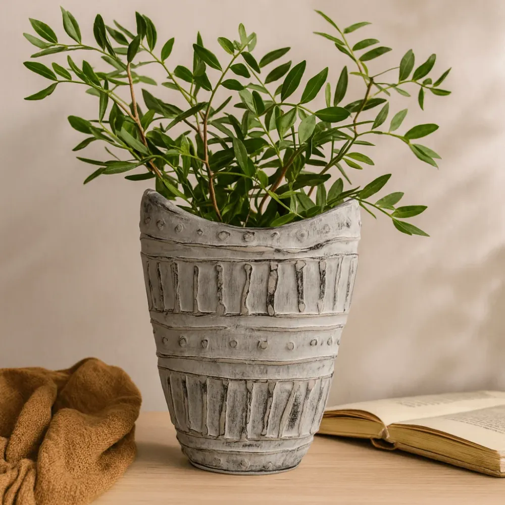 Boho-Vase mit breitem Hals, cremefarben, 22 cm
