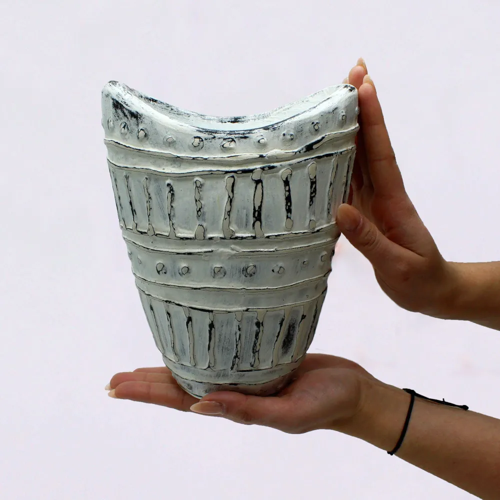 Boho-Vase mit breitem Hals, cremefarben, 22 cm