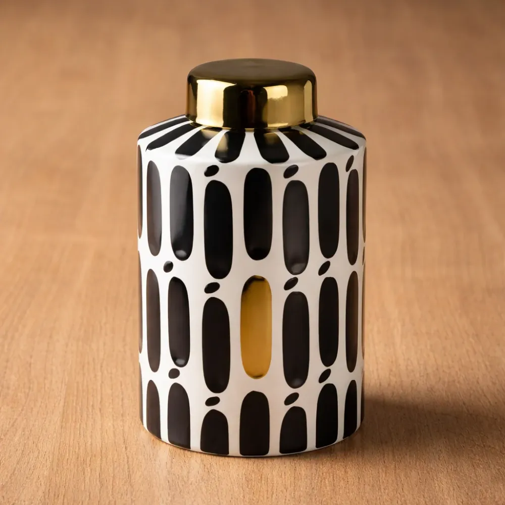 Design-Vase „Graphic Chic“ – Schwarz-Weiß mit Golddeckel