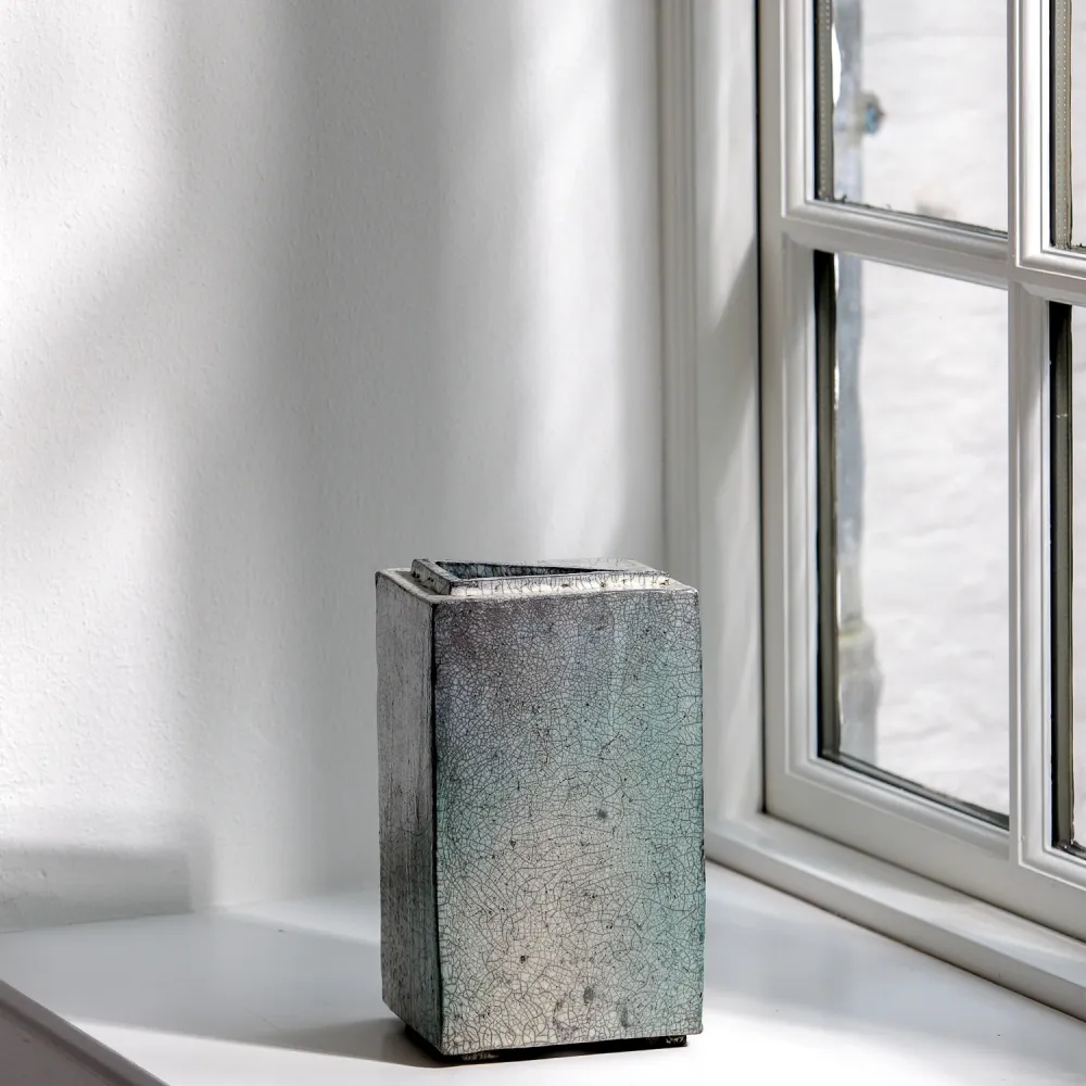 Gundula Sommerer, Raku Vase, eckig hoch | blaugrün (GS185)