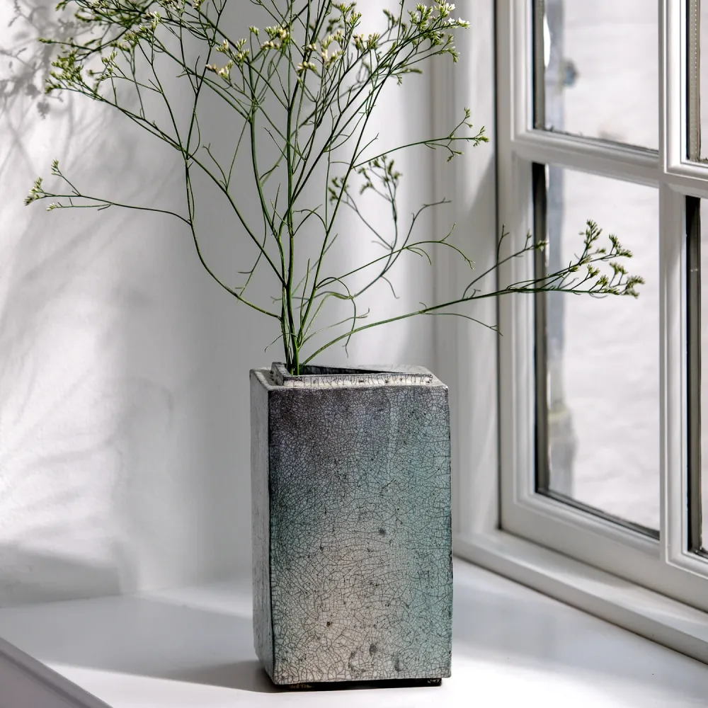 Gundula Sommerer, Raku Vase, eckig hoch | blaugrün (GS185)
