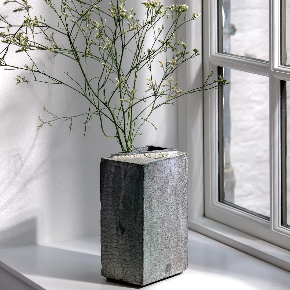Gundula Sommerer, Raku Vase, eckig hoch | blaugrün (GS185)